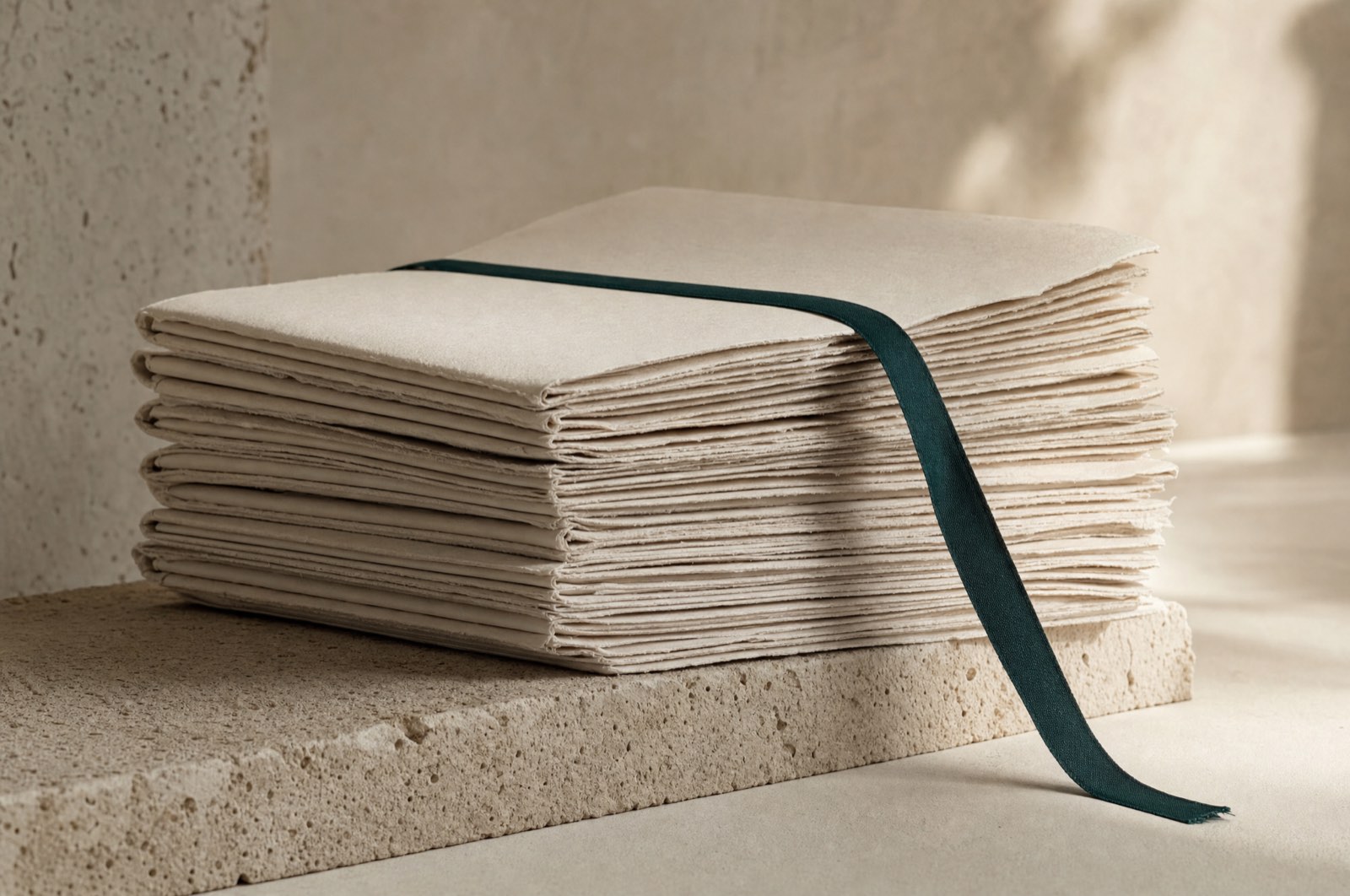 Stacked uncut paper signatures with a thin ribbon marker in raking light